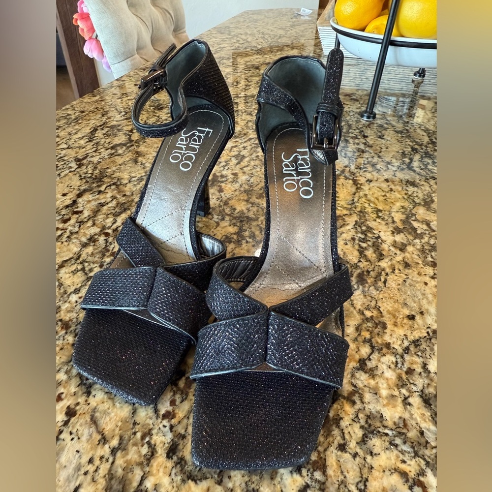 Franco Sarto Sandals Size 5 Black Leather Ankle Strap Sparkly Dress Heels NEW - Picture 2 of 6